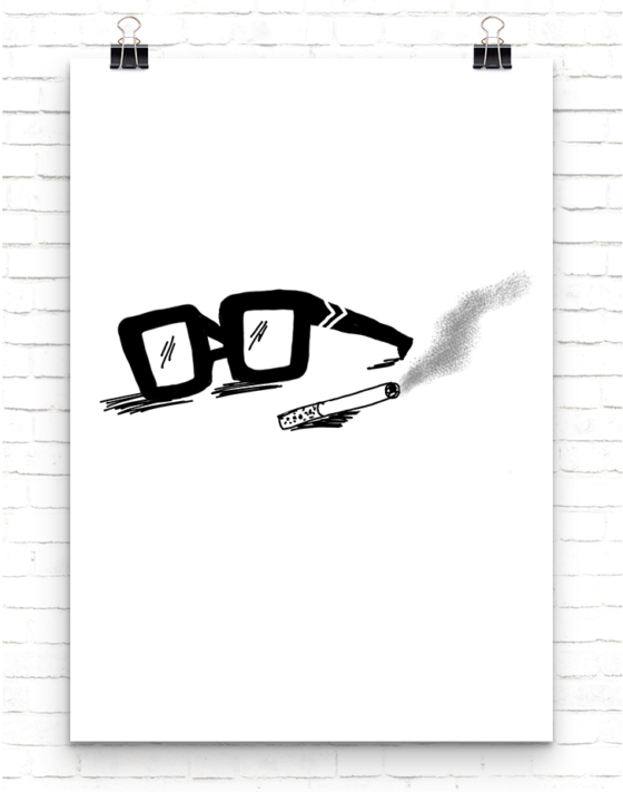 A pair of black sunglasses and a lit cigarette