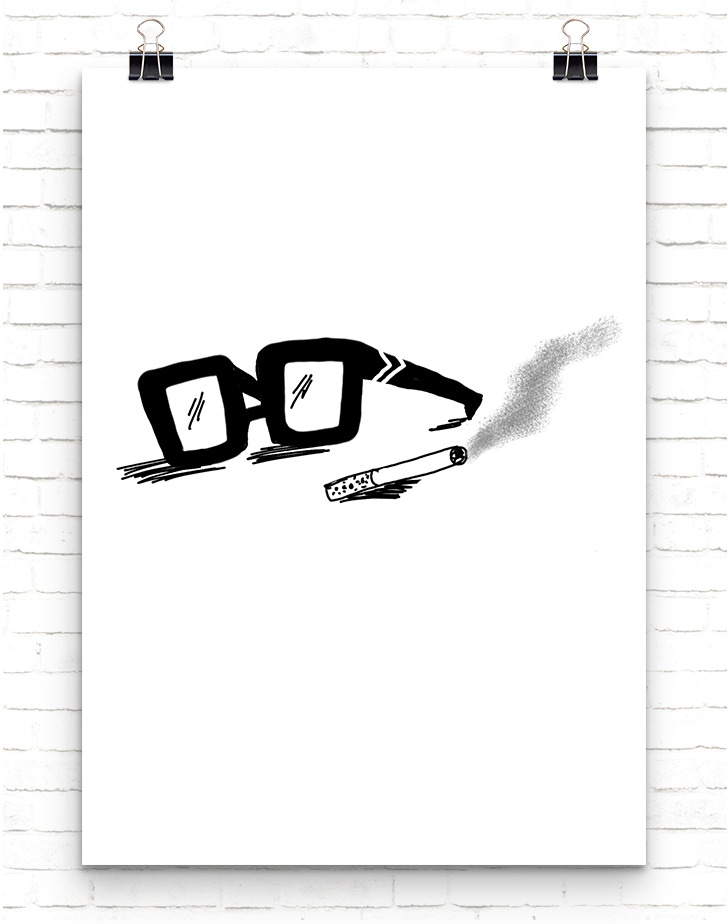 A pair of black sunglasses and a lit cigarette
