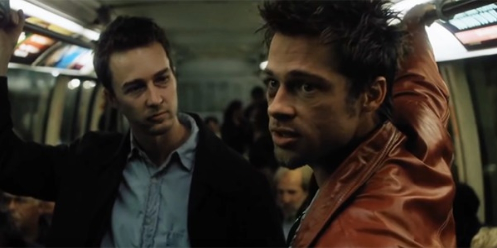 Tyler Durden and the unnnamed narrator on a train in Fight Club